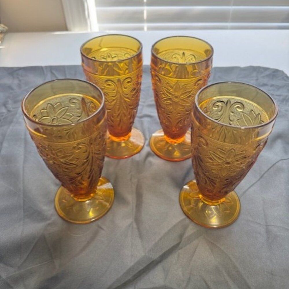 Set of 4 Indiana Tiara Pressed Sandwich Amber Footed Ice Tea Glasses / Tumbler
